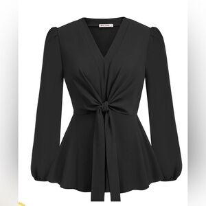 GRACE KARIN 2024 Women's Elegant Peplum Tops VNeck Tie Front Long Sleeve Shirts